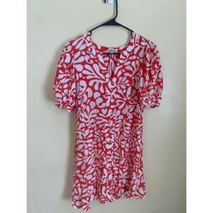 LOFT Red‎ White Abstract Leaf Print Button Front Short Sleeve Midi Dress Size M